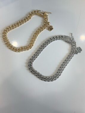 Gold and Silver Pave Cuban Link Bracelets - Rhinestone Accent